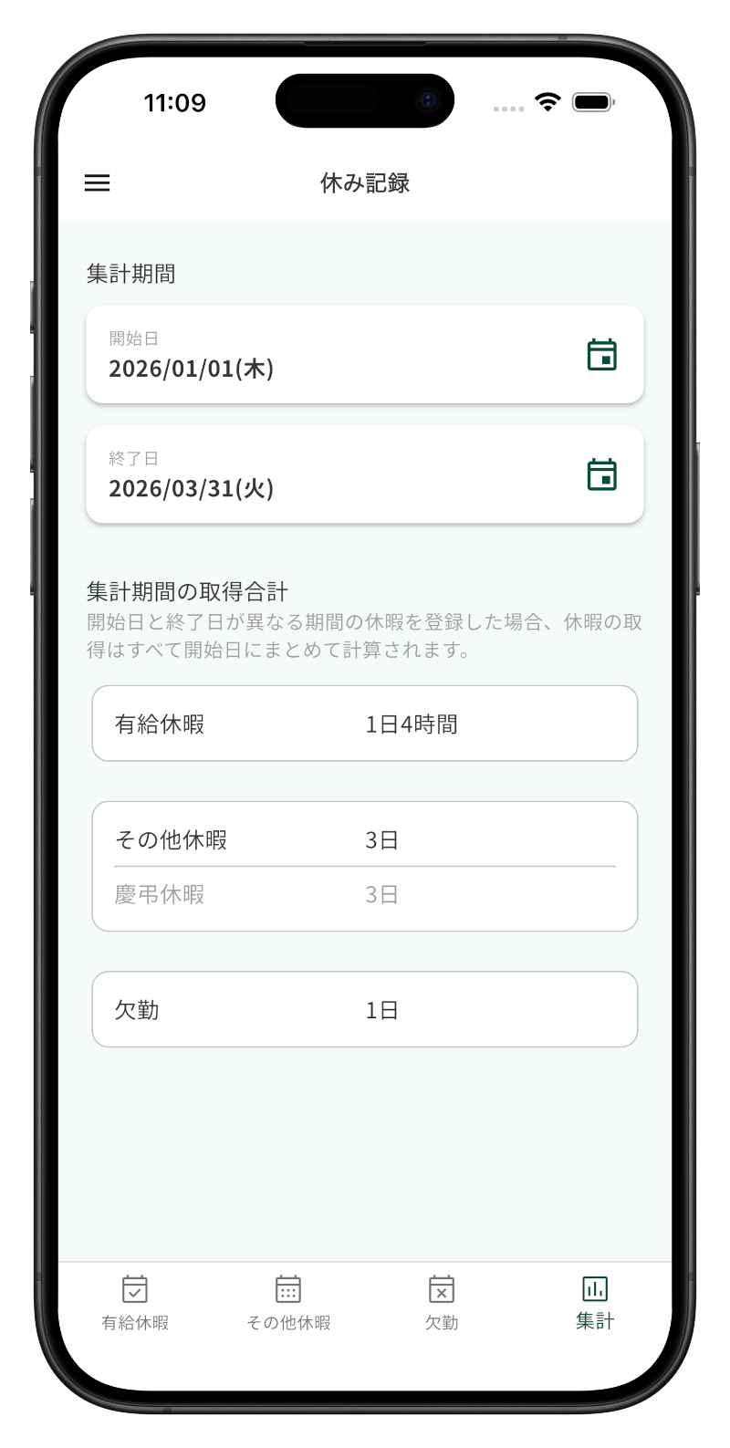 集計の画面：集計期間（開始日・終了日）と取得合計（有給休暇、その他休暇、欠勤）の表示